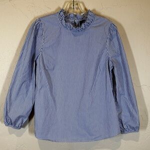 J Crew Organic‎ Cotton Ruffleneck Blue Striped Blouse Women’s Sz M Preppy Spring